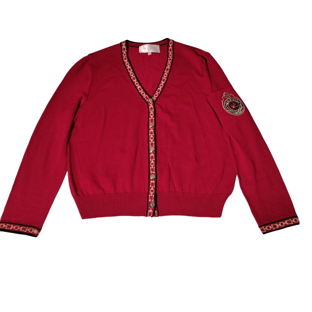 St. John Sport Red Wool Blend Equestrian Crest Button Cardigan Sz M - Imperfect